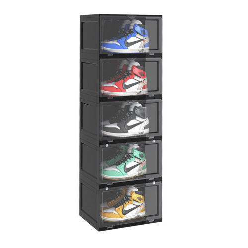 5 Tier Black Portable Shoe Organiser Sneaker Folding Plastic Bin Stackable Storage Box with Magnetic Door