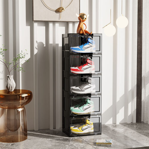 5 Tier Black Portable Shoe Organiser Sneaker Folding Plastic Bin Stackable Storage Box with Magnetic Door - Image 2