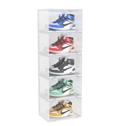 5 Tier Transparent Portable Shoe Organiser Sneaker Folding Plastic Bin Stackable Storage Box with Magnetic Door