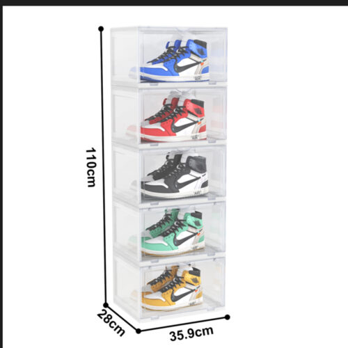 5 Tier Transparent Portable Shoe Organiser Sneaker Folding Plastic Bin Stackable Storage Box with Magnetic Door - Image 3