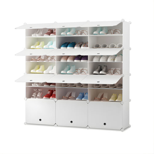 7 Tier 3 Column White Shoe Rack Organizer Sneaker Storage Stackable Stand Cabinet Portable Wardrobe with Cover