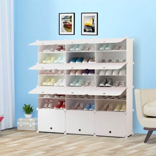 7 Tier 3 Column White Shoe Rack Organizer Sneaker Storage Stackable Stand Cabinet Portable Wardrobe with Cover - Image 3