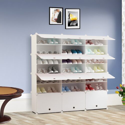7 Tier 3 Column White Shoe Rack Organizer Sneaker Storage Stackable Stand Cabinet Portable Wardrobe with Cover - Image 6