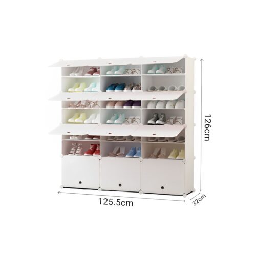 7 Tier 3 Column White Shoe Rack Organizer Sneaker Storage Stackable Stand Cabinet Portable Wardrobe with Cover - Image 7
