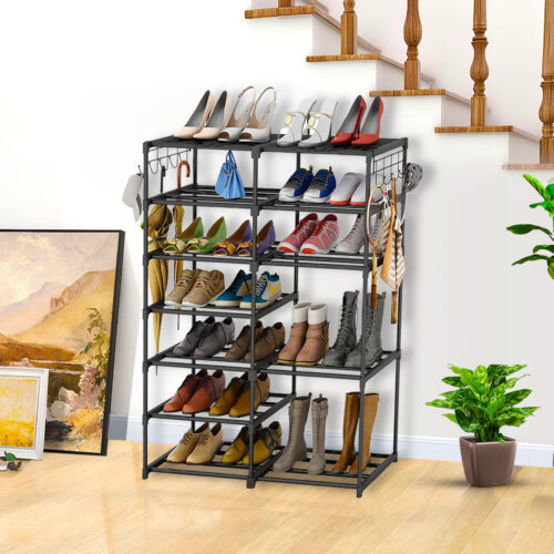 2x 12-Shelf Tier Shoe Storage Shelf Space-Saving Caddy Rack Organiser with Side Hooks Black - Image 5