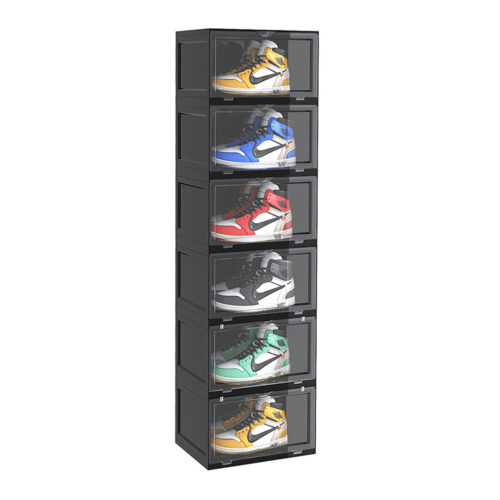 6 Tier Black Portable Shoe Organiser Sneaker Folding Plastic Bin Stackable Storage Box with Magnetic Door