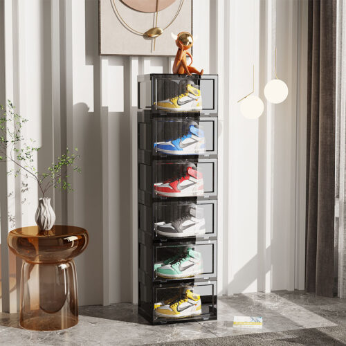 6 Tier Black Portable Shoe Organiser Sneaker Folding Plastic Bin Stackable Storage Box with Magnetic Door - Image 2