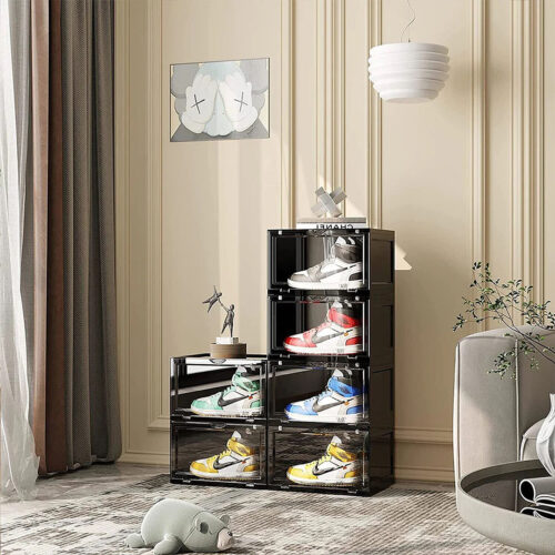 6 Tier Black Portable Shoe Organiser Sneaker Folding Plastic Bin Stackable Storage Box with Magnetic Door - Image 3