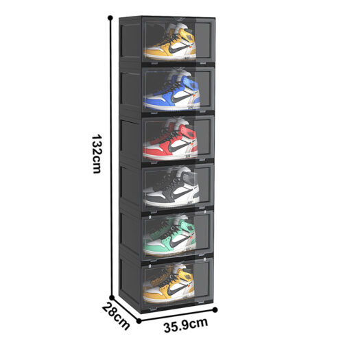 6 Tier Black Portable Shoe Organiser Sneaker Folding Plastic Bin Stackable Storage Box with Magnetic Door - Image 4