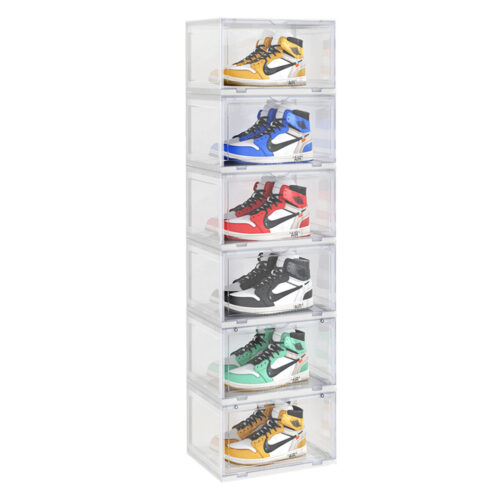 6 Tier Transparent Portable Shoe Organiser Sneaker Folding Plastic Bin Stackable Storage Box with Magnetic Door