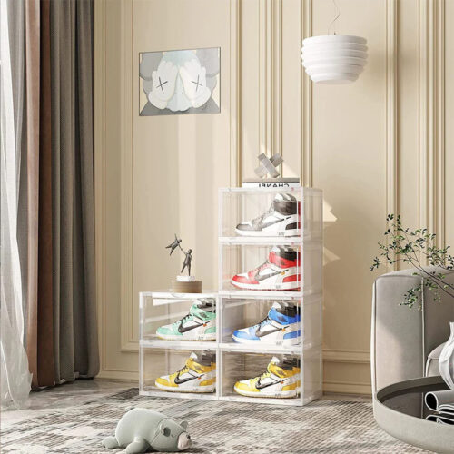 6 Tier Transparent Portable Shoe Organiser Sneaker Folding Plastic Bin Stackable Storage Box with Magnetic Door - Image 3