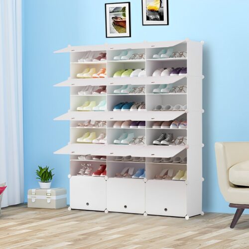 9 Tier 3 Column White Shoe Rack Organizer Sneaker Storage Stackable Stand Cabinet Portable Wardrobe with Cover - Image 3
