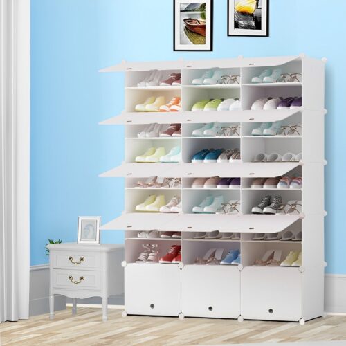 9 Tier 3 Column White Shoe Rack Organizer Sneaker Storage Stackable Stand Cabinet Portable Wardrobe with Cover - Image 4