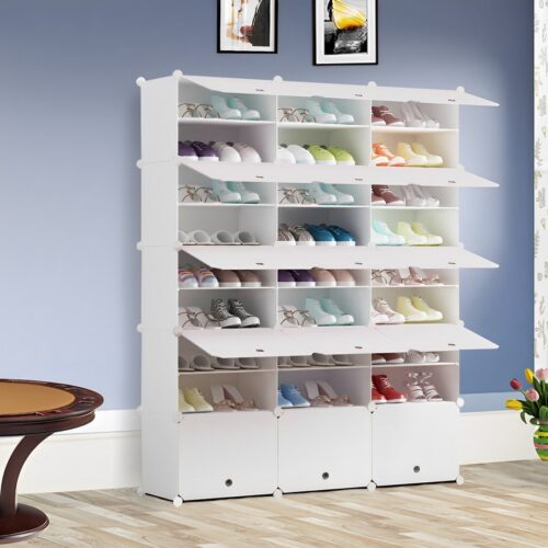 9 Tier 3 Column White Shoe Rack Organizer Sneaker Storage Stackable Stand Cabinet Portable Wardrobe with Cover - Image 5
