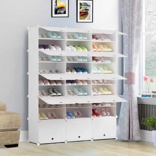 9 Tier 3 Column White Shoe Rack Organizer Sneaker Storage Stackable Stand Cabinet Portable Wardrobe with Cover - Image 6