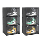 2x 3 Tier Black Portable Shoe Organiser Sneaker Folding Plastic Bin Stackable Storage Box with Magnetic Door