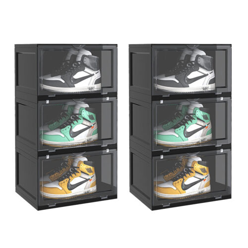2x 3 Tier Black Portable Shoe Organiser Sneaker Folding Plastic Bin Stackable Storage Box with Magnetic Door