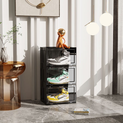 2x 3 Tier Black Portable Shoe Organiser Sneaker Folding Plastic Bin Stackable Storage Box with Magnetic Door - Image 2