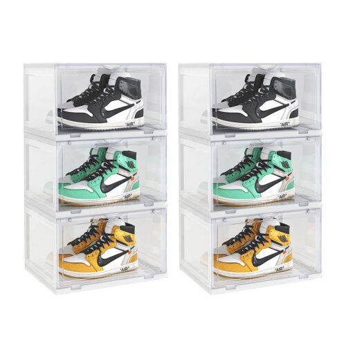 2x 3 Tier Transparent Portable Shoe Organiser Sneaker Folding Plastic Bin Stackable Storage Box with Magnetic Door
