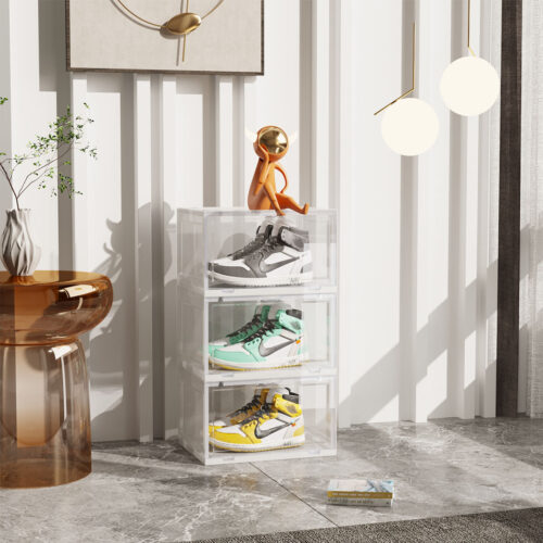 2x 3 Tier Transparent Portable Shoe Organiser Sneaker Folding Plastic Bin Stackable Storage Box with Magnetic Door - Image 2