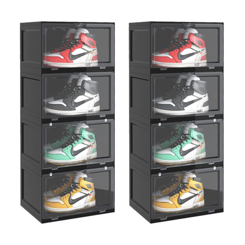 2x 4 Tier Black Portable Shoe Organiser Sneaker Folding Plastic Bin Stackable Storage Box with Magnetic Door