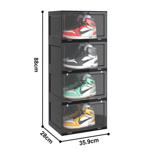 2x 4 Tier Black Portable Shoe Organiser Sneaker Folding Plastic Bin Stackable Storage Box with Magnetic Door - Image 4