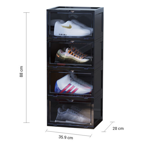 2x 4 Tier Black Portable Shoe Organiser Sneaker Folding Plastic Bin Stackable Storage Box with Magnetic Door - Image 6