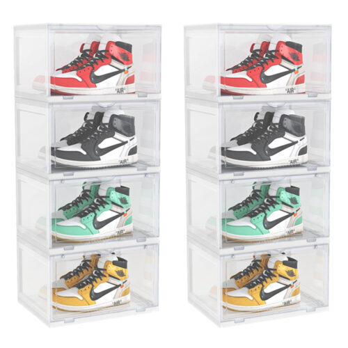 2x 4 Tier Transparent Portable Shoe Organiser Sneaker Folding Plastic Bin Stackable Storage Box with Magnetic Door