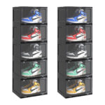 2x 5 Tier Black Portable Shoe Organiser Sneaker Folding Plastic Bin Stackable Storage Box with Magnetic Door