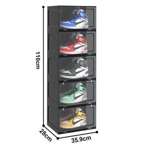 2x 5 Tier Black Portable Shoe Organiser Sneaker Folding Plastic Bin Stackable Storage Box with Magnetic Door - Image 4