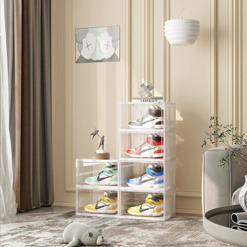 2x 5 Tier Transparent Portable Shoe Organiser Sneaker Folding Plastic Bin Stackable Storage Box with Magnetic Door