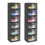 2x 6 Tier Black Portable Shoe Organiser Sneaker Folding Plastic Bin Stackable Storage Box with Magnetic Door