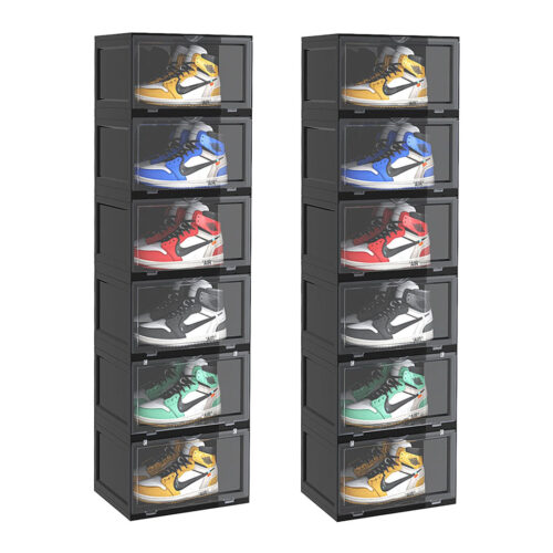 2x 6 Tier Black Portable Shoe Organiser Sneaker Folding Plastic Bin Stackable Storage Box with Magnetic Door
