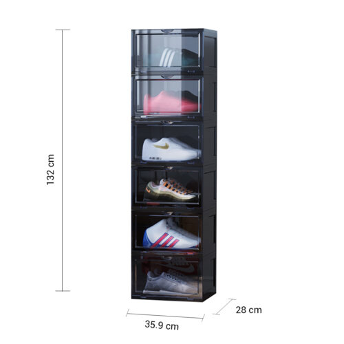 2x 6 Tier Black Portable Shoe Organiser Sneaker Folding Plastic Bin Stackable Storage Box with Magnetic Door - Image 5