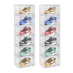 2x 6 Tier Transparent Portable Shoe Organiser Sneaker Folding Plastic Bin Stackable Storage Box with Magnetic Door