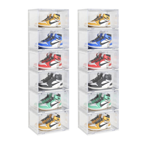 2x 6 Tier Transparent Portable Shoe Organiser Sneaker Folding Plastic Bin Stackable Storage Box with Magnetic Door