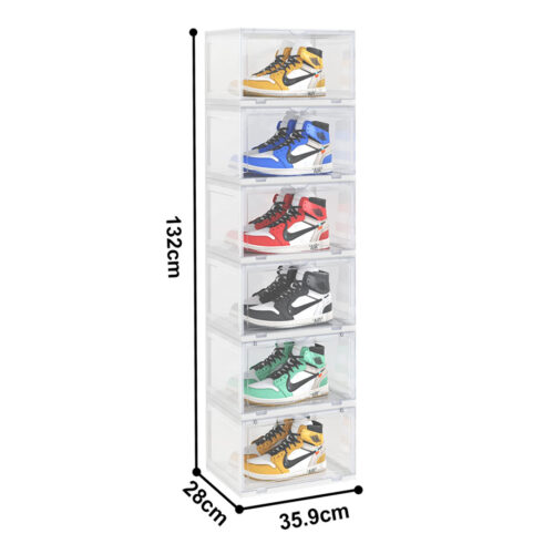 2x 6 Tier Transparent Portable Shoe Organiser Sneaker Folding Plastic Bin Stackable Storage Box with Magnetic Door - Image 4