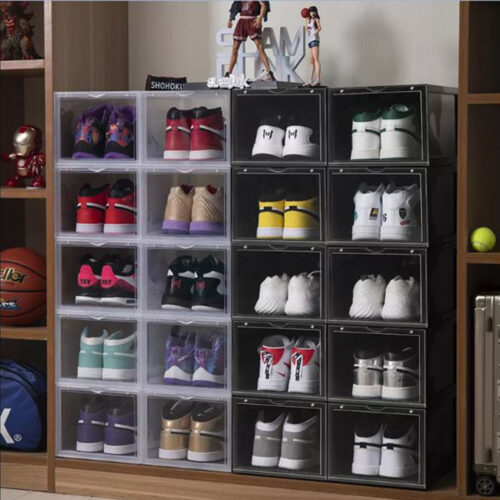 2x 6 Tier Transparent Portable Shoe Organiser Sneaker Folding Plastic Bin Stackable Storage Box with Magnetic Door - Image 5