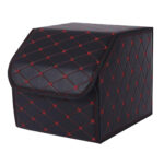 Leather Car Boot Collapsible Folding Cargo Organizer Portable Storage Box Black/Red Stitch Small