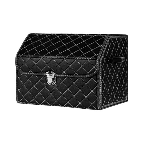 Leather Car Boot Collapsible Folding Cargo Organizer Portable Storage Box Black/White Stitch with Lock Small