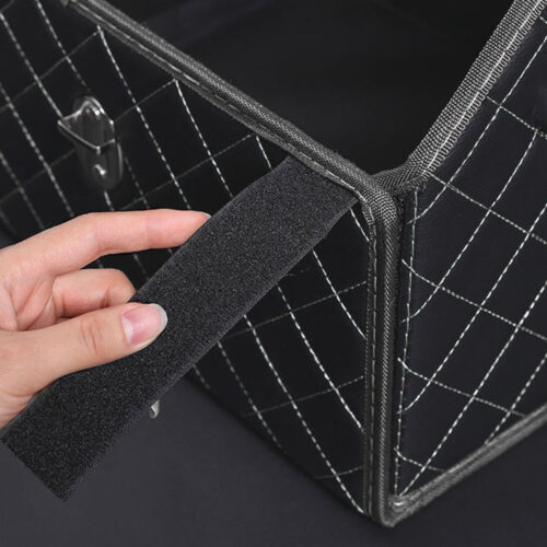 Leather Car Boot Collapsible Folding Cargo Organizer Portable Storage Box Black/White Stitch with Lock Small - Image 4