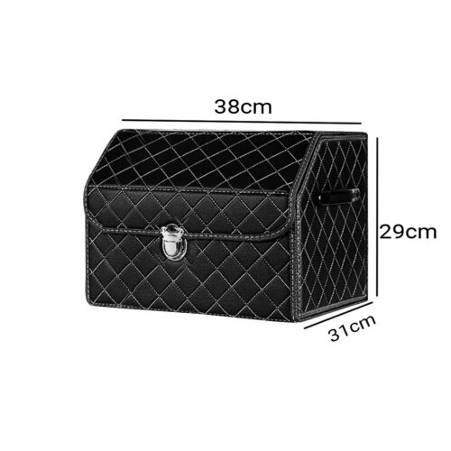 Leather Car Boot Collapsible Folding Cargo Organizer Portable Storage Box Black/White Stitch with Lock Small - Image 5