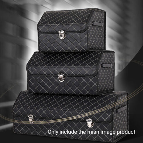 Leather Car Boot Collapsible Folding Cargo Organizer Portable Storage Box Black/White Stitch with Lock Small - Image 9