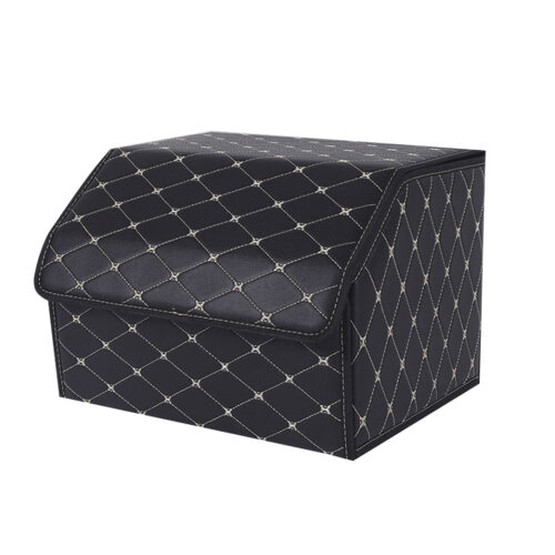 Leather Car Boot Collapsible Folding Cargo Organizer Portable Storage Box Black/Gold Stitch Medium