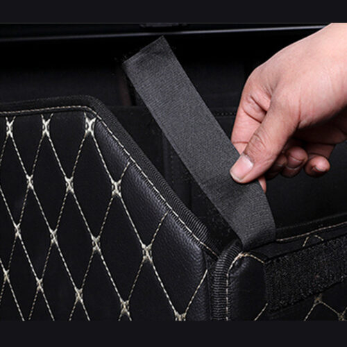 Leather Car Boot Collapsible Folding Cargo Organizer Portable Storage Box Black/Gold Stitch Medium - Image 4