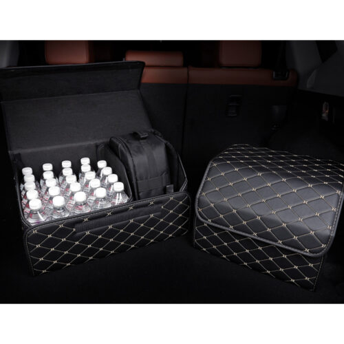 Leather Car Boot Collapsible Folding Cargo Organizer Portable Storage Box Black/Gold Stitch Medium - Image 5