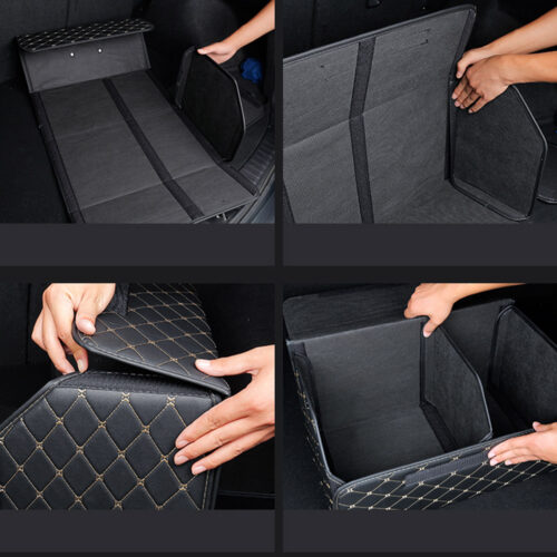 Leather Car Boot Collapsible Folding Cargo Organizer Portable Storage Box Black/Gold Stitch Medium - Image 6