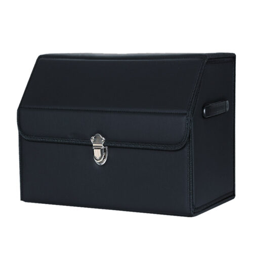 Leather Car Boot Collapsible Folding Cargo Organizer Portable Storage Box with Lock Black Small