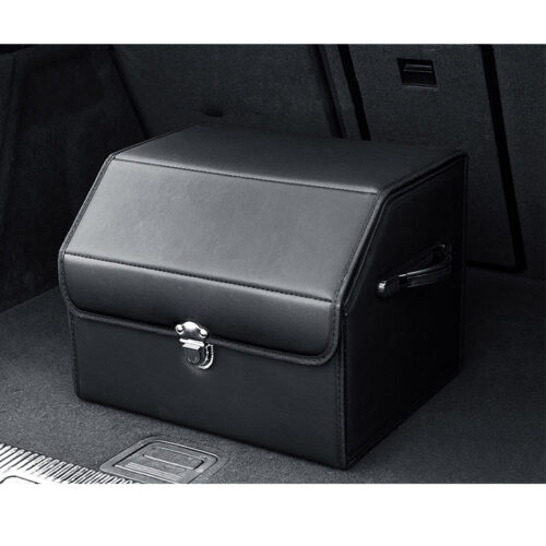 Leather Car Boot Collapsible Folding Cargo Organizer Portable Storage Box with Lock Black Small - Image 3