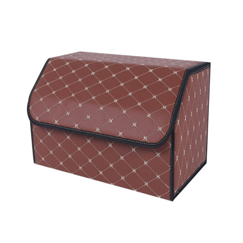 Leather Car Boot Collapsible Folding Cargo Organizer Portable Storage Box Coffee/Gold Stitch Medium